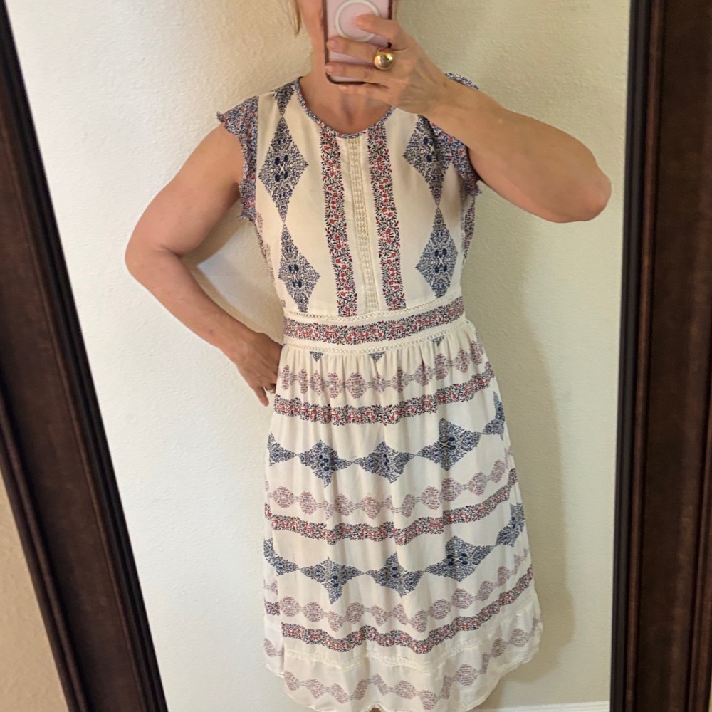 LOFT Cream Midi Dress with Blue and Red Geometric Print